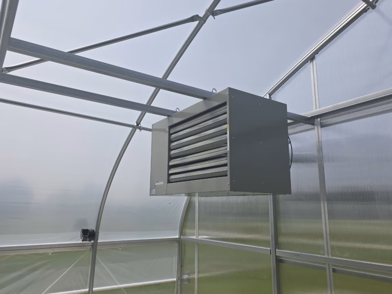 A 200,000 BTU propane heater mounted inside a 30'x96' Gothic